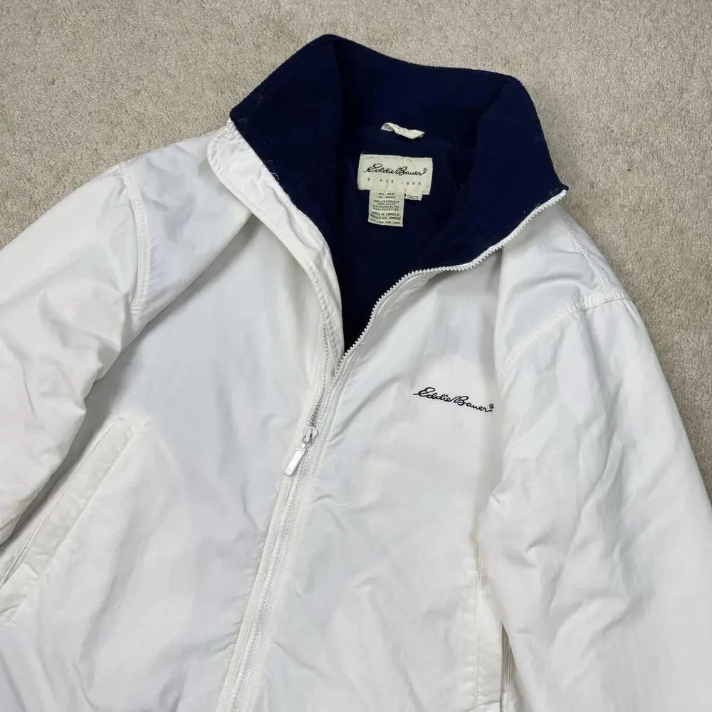 Vintage Eddie Bauer White/Navy Nylon Fleece Lined Jacket Women’s Medium 1990s - Picture 5 of 7